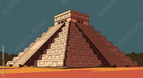 Stylized pixel art pyramid with stone steps and snake heads at its base