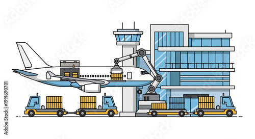 Modern Airplane Loading Cargo at Airport Terminal for Global Shipping.