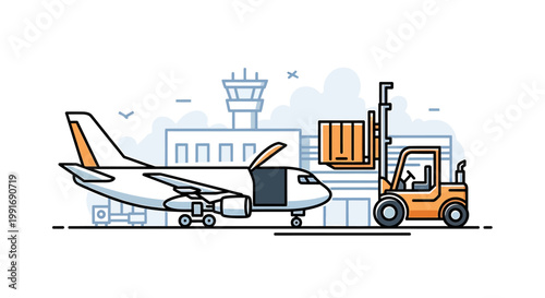 Modern Airplane Loading with Forklift at Airport Terminal.