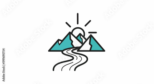 Stylized mountains with a river and sun symbol