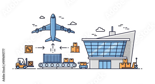 Modern Airport Illustration Depicting Air Cargo and Transportation Logistics.