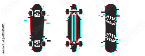 Abstract skateboard design with glitch effect and geometric patterns