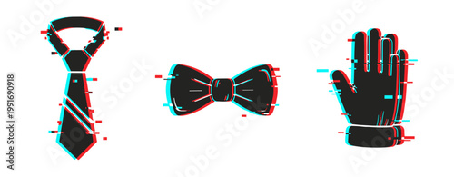Glitch art: tie, bow tie, and glove with distorted digital effect