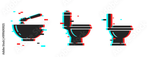 Glitch art illustration of toilets and sink with rgb distortion