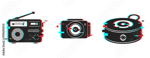 Retro tech glitch: radio, camera, and boombox icons in digital distortion