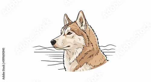 Stylized portrait of a husky dog with brown and tan fur, set against a white background