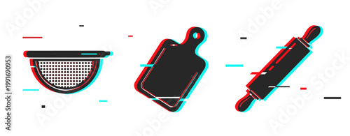 Glitch art of kitchen utensils: strainer, cutting board, and rolling pin
