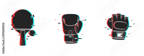 Glitchy sports gear: ping pong, boxing, mma glove design with 3d effect