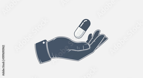 Stylized hand offers a pill, conveying medical care and health