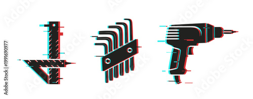 Retro glitch art of hardware tools - square, hex keys, drill