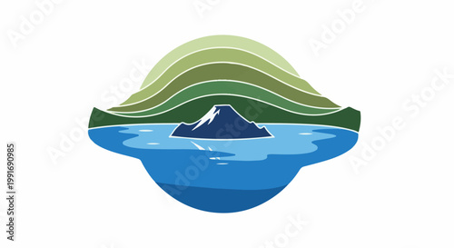 Stylized island mountain landscape with layered hills and water