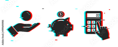 Digital finance icons: hand and coin, piggy bank, calculator in glitch art style