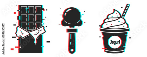 Glitch art of chocolate bar, ice cream, and yogurt on white background