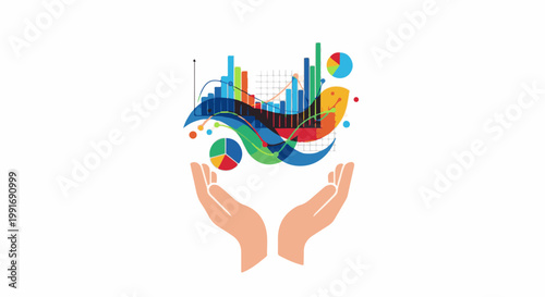 Stylized hands support vibrant, abstract data visualization
