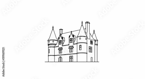 Stylized line drawing of a fairytale castle with multiple towers and pointed roofs