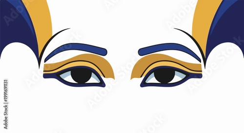 Stylized Egyptian eye motifs with gold and navy blue cosmetic adornments
