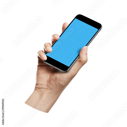 Hand holding a smartphone with a blank blue screen isolated on transparent background