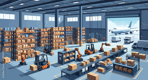 Modern Warehouse Interior With Forklifts Conveyor Belts and Cargo.