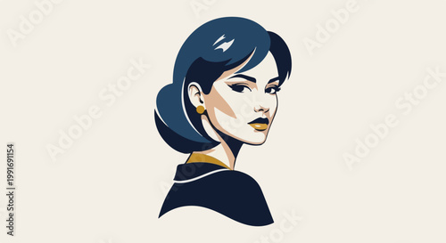 Stylized portrait of a woman with dark hair, gold earrings, and lips