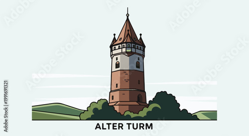 Stylized old tower with pitched roof, surrounded by foliage and hills