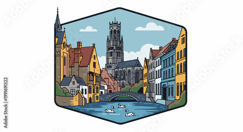 Stylized European canal city with a prominent church tower