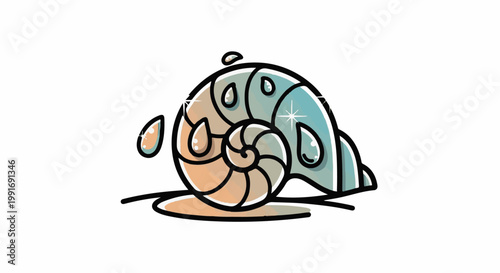 Stylized, illustrated nautilus shell with water droplets and sparkles