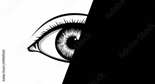 Stylized eye in profile, half in bright light, half in deep shadow