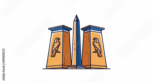 Stylized Egyptian obelisk flanked by hieroglyphic eagle-adorned pylons