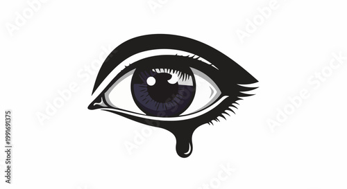 Stylized eye shedding a single tear in black and white