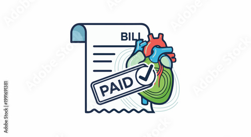 Stylized illustration of a bill marked 'PAID' next to a colorful anatomical heart