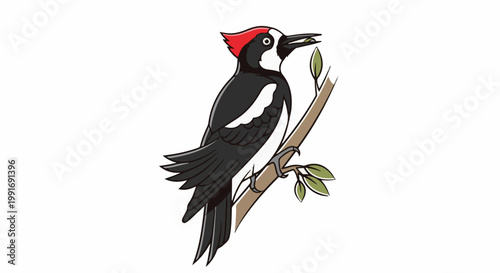Stylized illustration of a black and white bird with red crest on branch