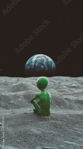 Photorealistic portrait of a lone green extraterrestrial seated on the moon's rocky surface, arms around knees, gazing at Earthrise in cool moonlight