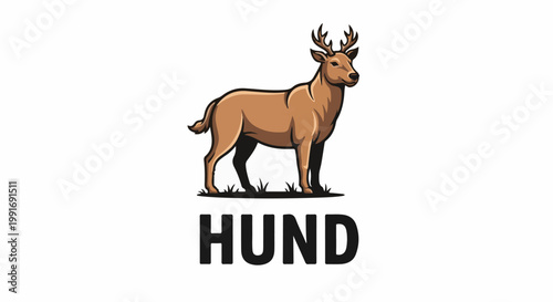 Stylized deer stands on grass above bold text