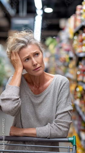 Worried middle-aged woman leaning on shopping cart in supermarket aisle, stressed about rising grocery prices and household budgeting