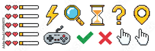 Pixel Game Menu Buttons Set, 8 Bit UI Controller Arrows, Level and Life Bars, Play, Stop, Menu Icons, Retro Gaming Interface GUI Vector Illustration for Mobile Games and App Design
