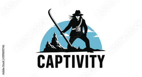 Stylized figure with hat & pole on rocky outcrop under blue sky