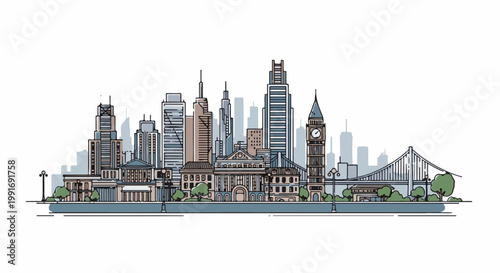 Stylized city skyline with skyscrapers, classic buildings, clock tower, and bridge
