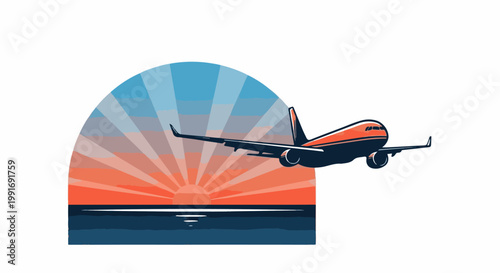 Stylized jetliner flies over ocean at sunrise against a radiant sunset backdrop