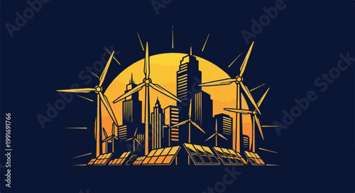 Stylized city skyline powered by renewable energy sources
