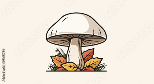 Stylized mushroom with autumnal leaves and pine needles on a plain background