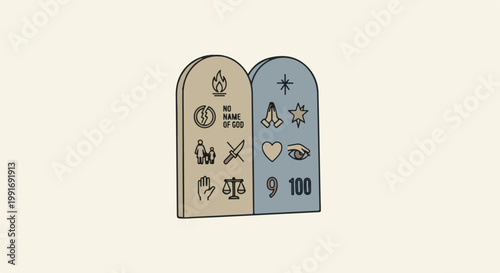 Stylized depiction of two tablets inscribed with symbols and numbers