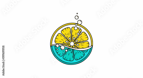 Stylized lemon slice in blue liquid with bubbles, graphic design