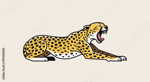 Stylized leopard with yellow fur, black spots, and open mouth