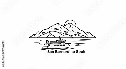 Stylized line art depicts a ferry on water with mountains and palm trees