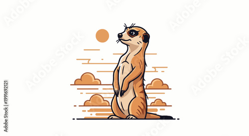 Stylized cartoon meerkat standing alertly under a setting sun with clouds
