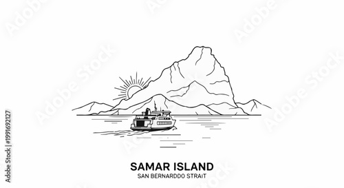 Stylized line art depicts a ferry crossing calm waters towards a mountainous island at sunrise