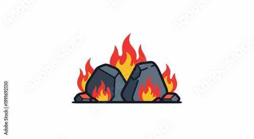 Stylized cartoon illustration of burning rocks on a white background