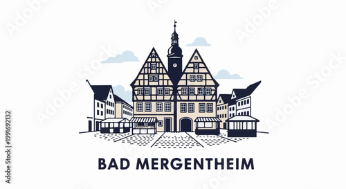 Stylized line art depicts a historic European town square with timber-framed buildings and clouds