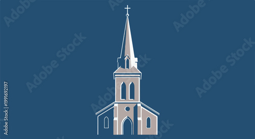 Stylized illustration of a church facade with a tall spire and cross