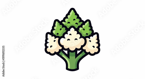 Stylized illustration of a cauliflower with cream florets and green leaves